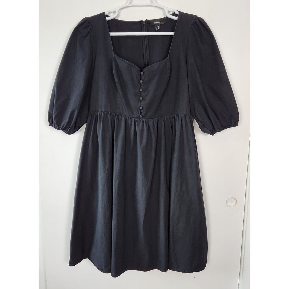 Forever 21 Black Midi Dress 2XL Empire Waist Sweetheart Neckline Blouson Sleeves